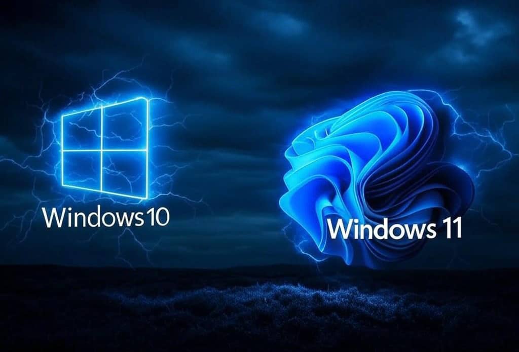 Windows 10 VS Windows 11 et des éclairs ( crédit : AlexI Grok )